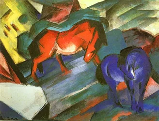 Chevaux rouges et bleus